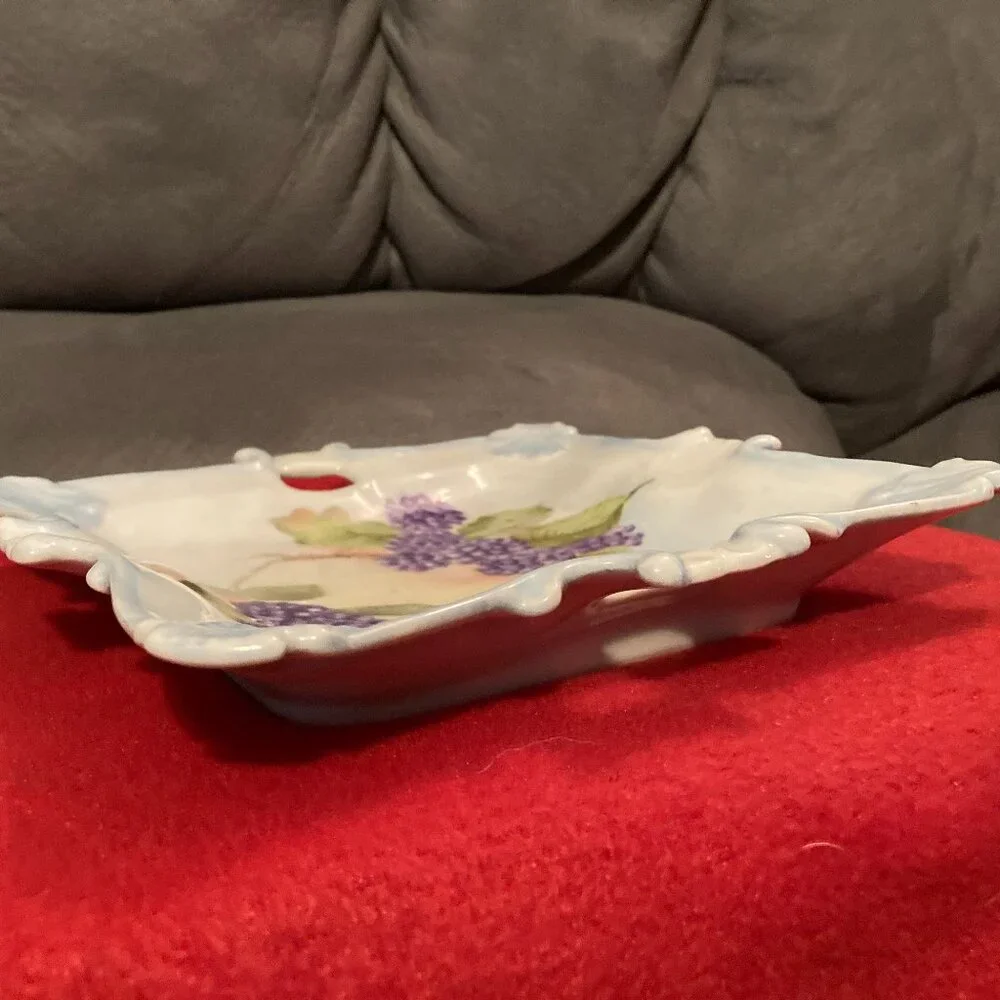 VTG 1977 Handpainted Square China Plate w/Handles-Signed-Purple Florals-8